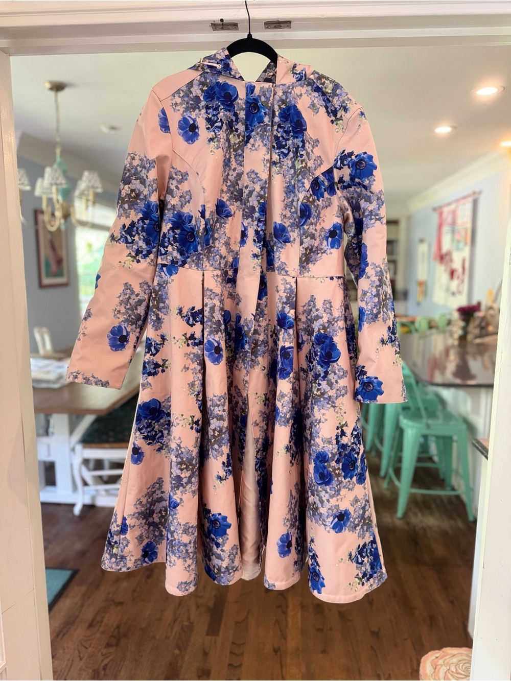 Rain Sisters Cornflower Blue Trench Coat Dress Floral Pleated Flare Fit